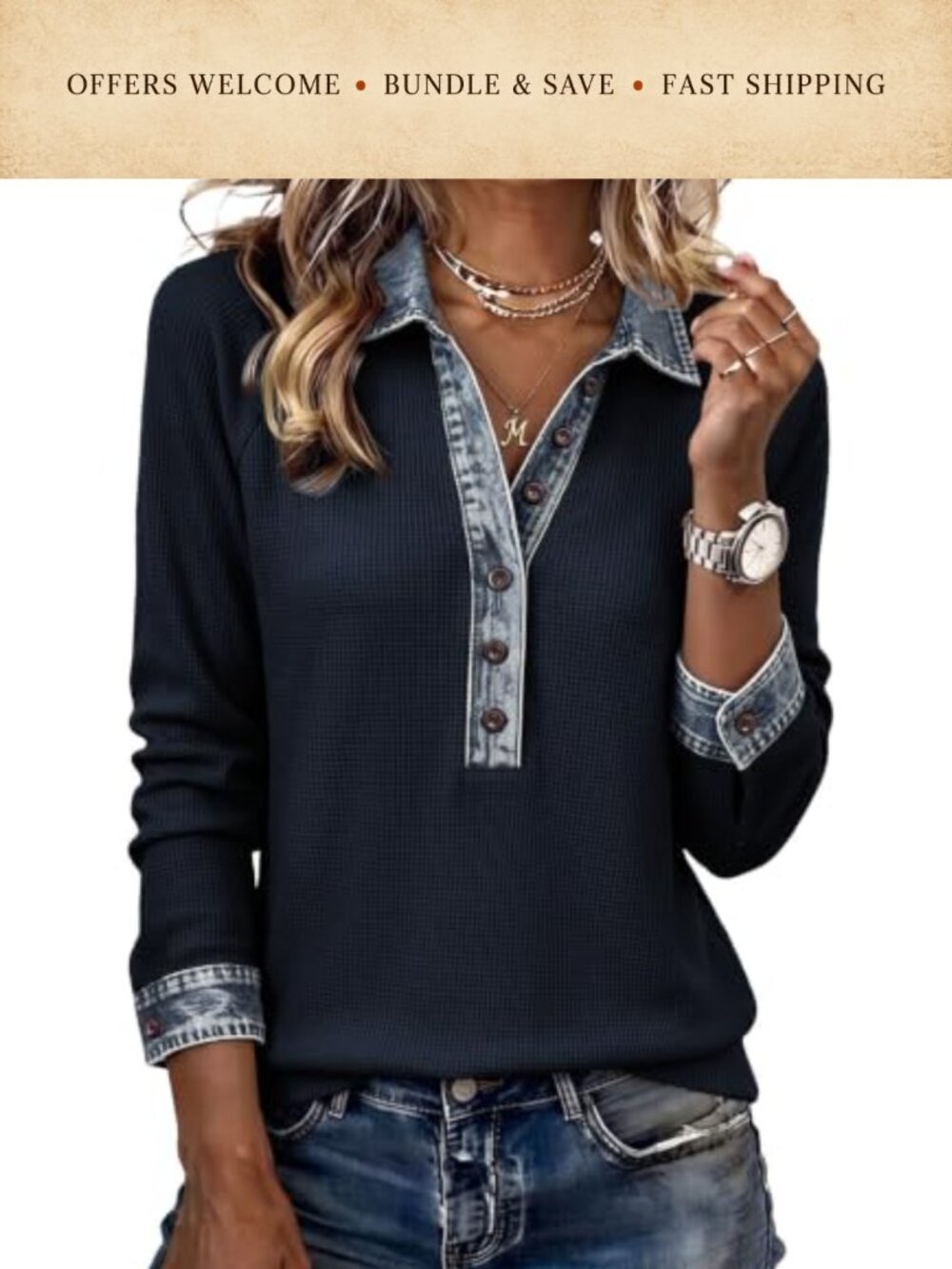 Waffle Knit Denim Patchwork V Neck Button Up Long Sleeve Sweatshirt